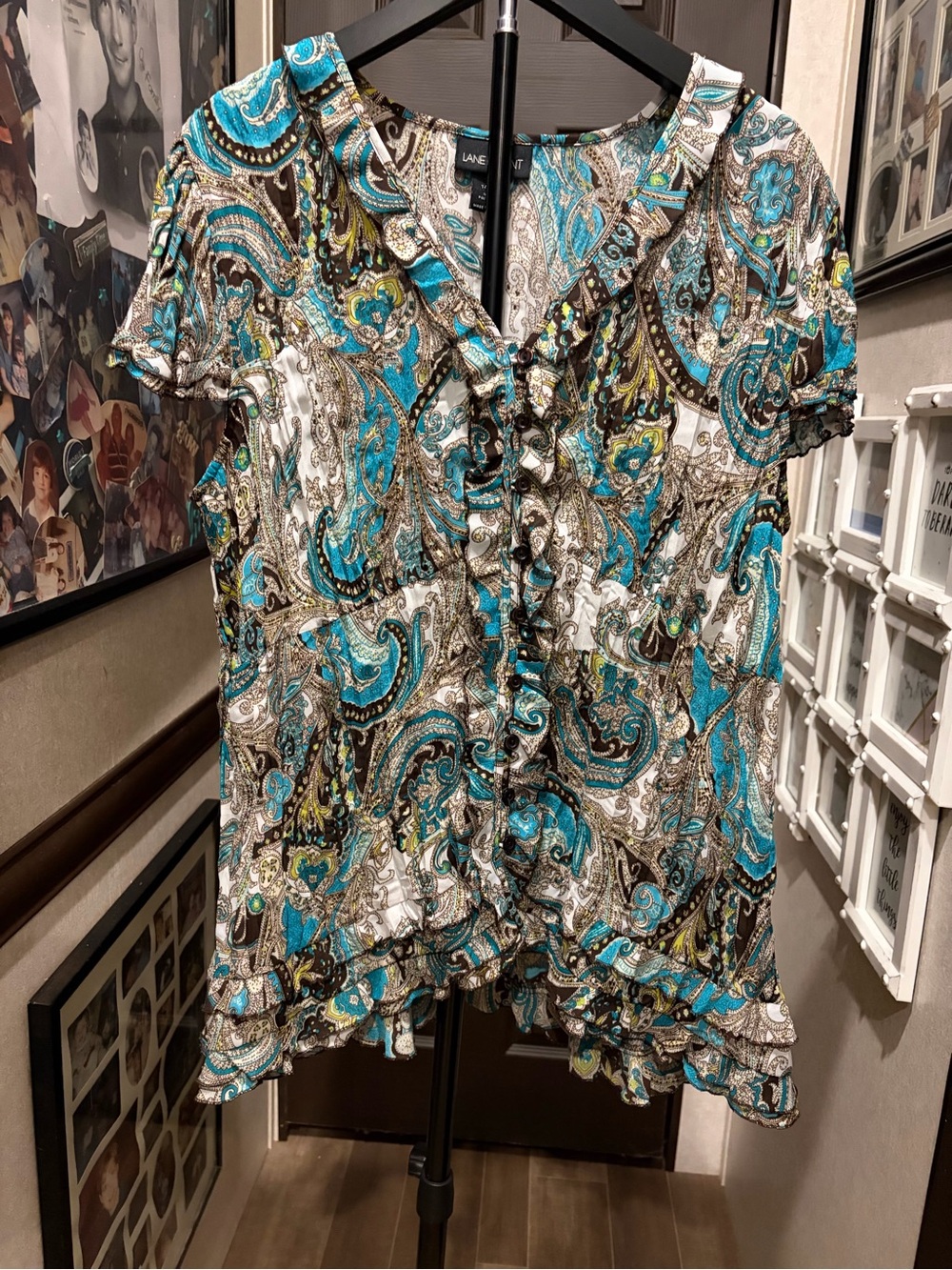 Lane Bryant Turquoise and White Paisley Ruffle Button-Front Blouse